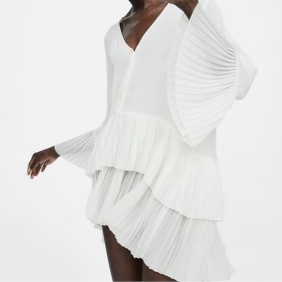 ZARA White PLEATED DRESS BLOUSE TUNIC Flowing V-neck blouse long sleeves - Picture 11 of 15